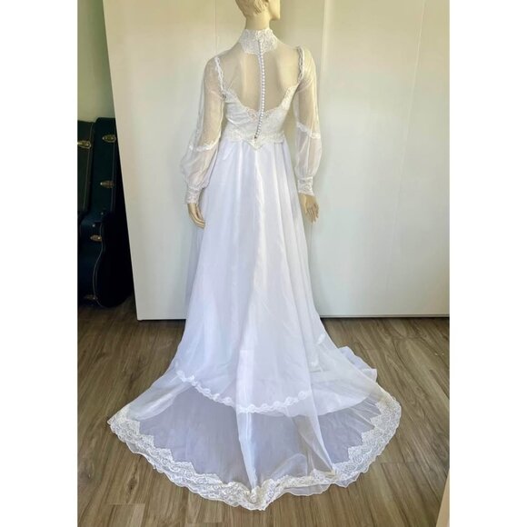 Vintage Weddjng Dress, Size S, 1980s High Neck Lace - Picture 5 of 9
